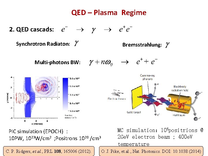 QED – Plasma Regime 2. QED cascads: Synchrotron Radiaton: Bremsstrahlung: Multi-photons BW: PIC simulation QED – Plasma Regime 2. QED cascads: Synchrotron Radiaton: Bremsstrahlung: Multi-photons BW: PIC simulation