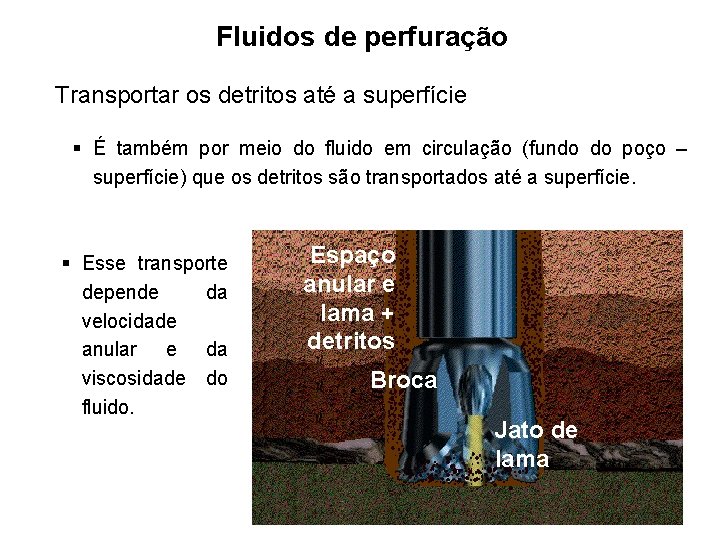 Fluidos de perfuração Transportar os detritos até a superfície § É também por meio