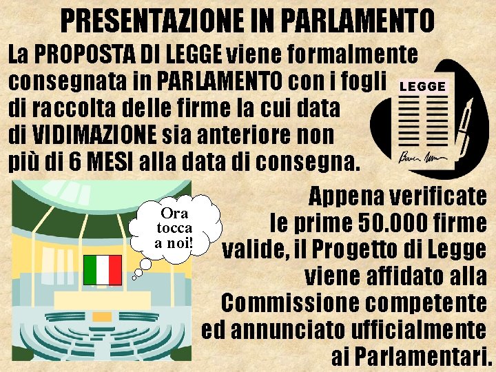 PRESENTAZIONE IN PARLAMENTO La PROPOSTA DI LEGGE viene formalmente consegnata in PARLAMENTO con i