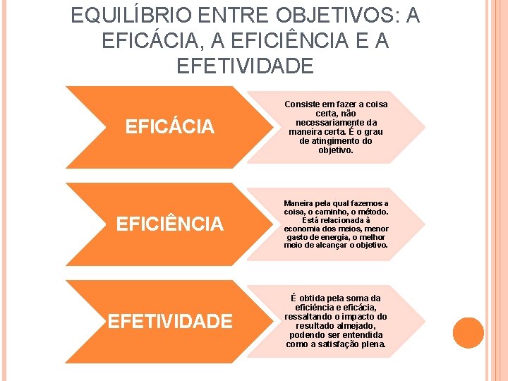 EQUILÍBRIO ENTRE OBJETIVOS: A EFICÁCIA, A EFICIÊNCIA E A EFETIVIDADE EFICÁCIA Consiste em fazer