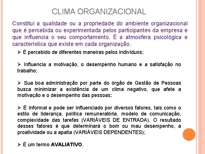 CLIMA ORGANIZACIONAL Constitui a qualidade ou a propriedade do ambiente organizacional que é percebida