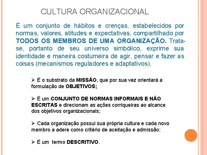 CULTURA ORGANIZACIONAL É um conjunto de hábitos e crenças, estabelecidos por normas, valores, atitudes