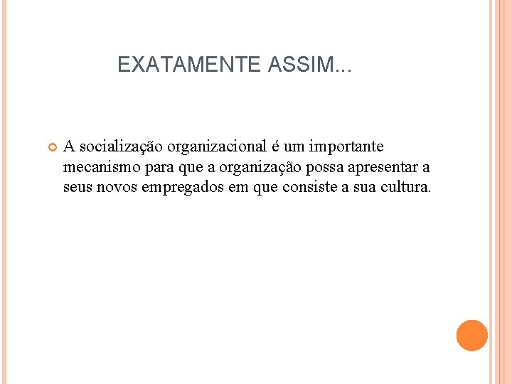 EXATAMENTE ASSIM. . . A socialização organizacional é um importante mecanismo para que a