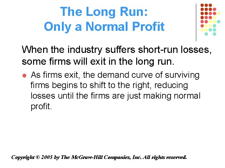 The Long Run: Only a Normal Profit When the industry suffers short-run losses, some