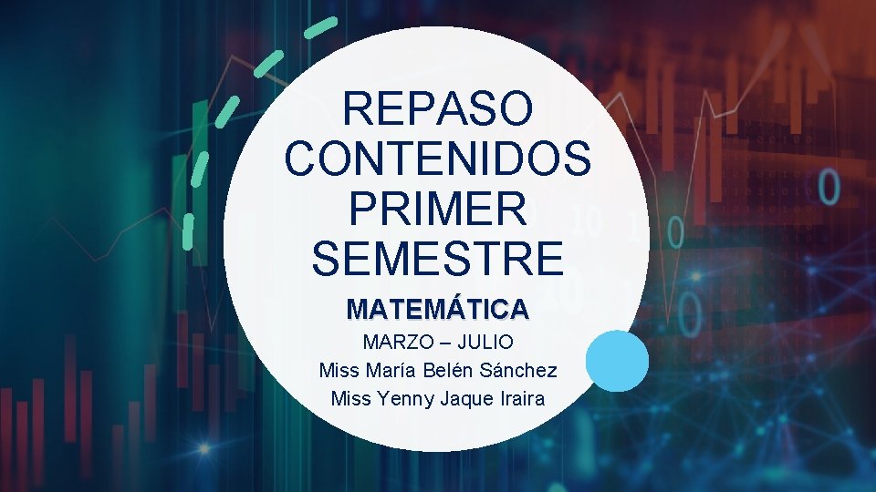 REPASO CONTENIDOS PRIMER SEMESTRE MATEMÁTICA MARZO – JULIO Miss María Belén Sánchez Miss Yenny