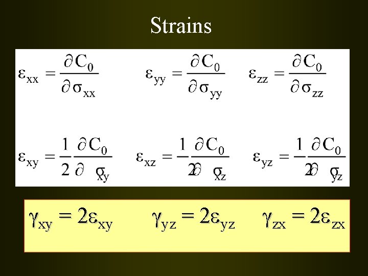 Strains xy = 2 xy yz = 2 yz zx = 2 zx 