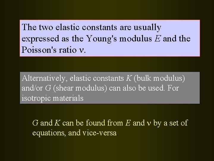 The two elastic constants are usually expressed as the Young's modulus E and the