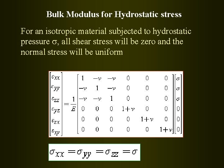 Bulk Modulus for Hydrostatic stress For an isotropic material subjected to hydrostatic pressure s,