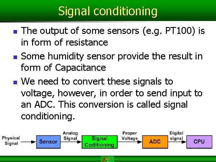 Signal conditioning n n n The output of some sensors (e. g. PT 100) Signal conditioning n n n The output of some sensors (e. g. PT 100)