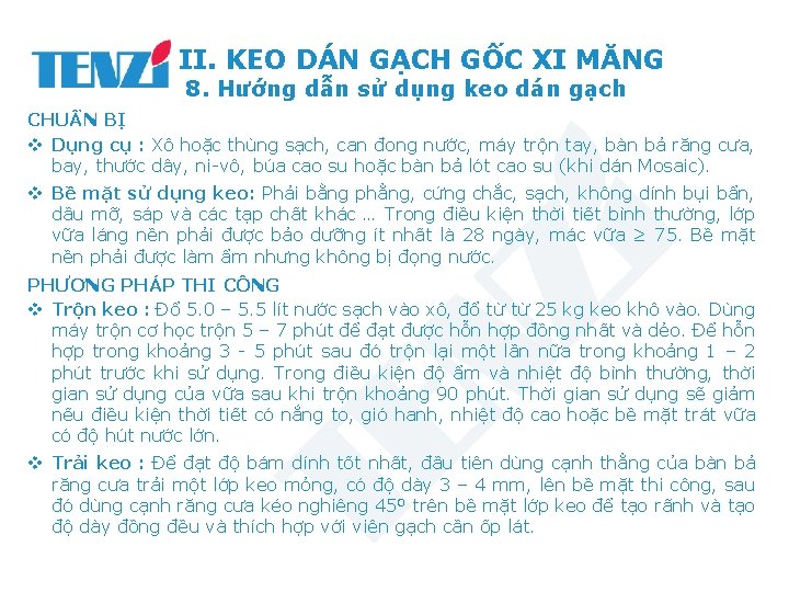 II. KEO DÁN GẠCH GỐC XI MĂNG 8. Hướng dẫn sử dụng keo dán