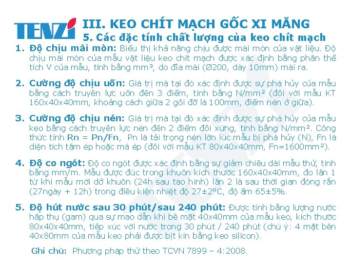 III. KEO CHÍT MẠCH GỐC XI MĂNG 5. Các đặc tính chất lượng của