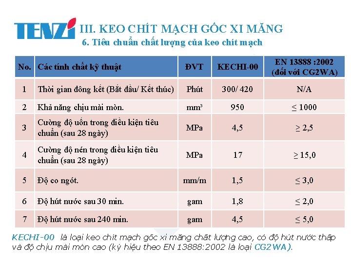 III. KEO CHÍT MẠCH GỐC XI MĂNG 6. Tiêu chuẩn chất lượng của keo