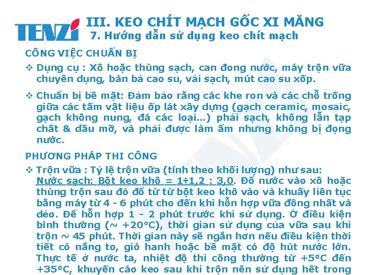 III. KEO CHÍT MẠCH GỐC XI MĂNG 7. Hướng dẫn sử dụng keo chít