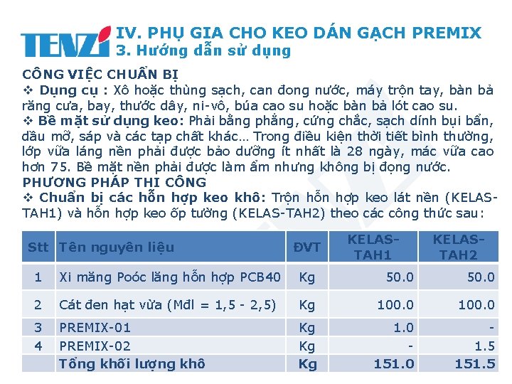 IV. PHỤ GIA CHO KEO DÁN GẠCH PREMIX 3. Hướng dẫn sử dụng CÔNG