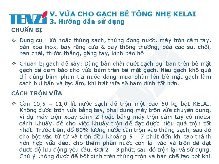 V. VỮA CHO GẠCH BÊ TÔNG NHẸ KELAI 3. Hướng dẫn sử dụng CHUẨN