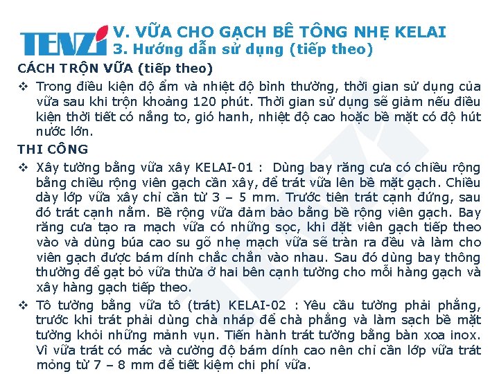 V. VỮA CHO GẠCH BÊ TÔNG NHẸ KELAI 3. Hướng dẫn sử dụng (tiếp