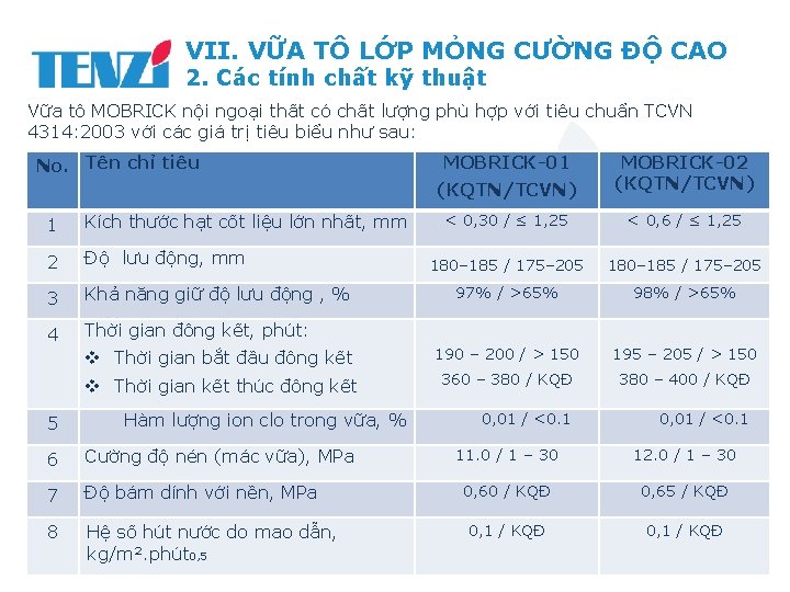 VII. VỮA TÔ LỚP MỎNG CƯỜNG ĐỘ CAO 2. Các tính chất kỹ thuật