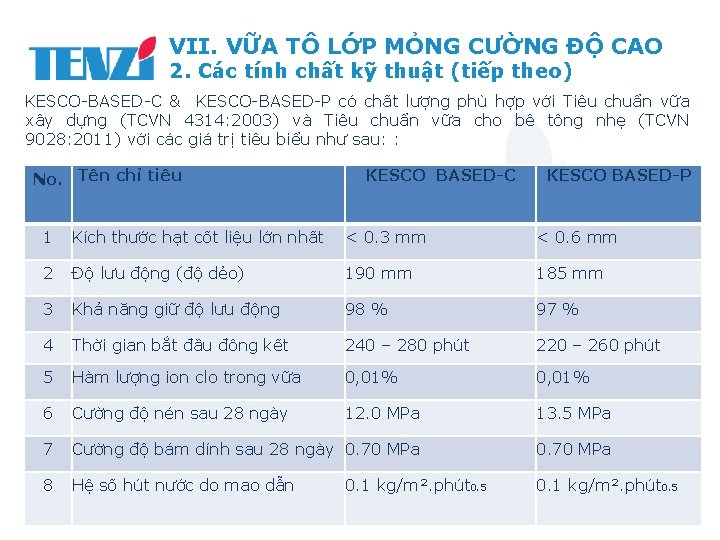 VII. VỮA TÔ LỚP MỎNG CƯỜNG ĐỘ CAO 2. Các tính chất kỹ thuật