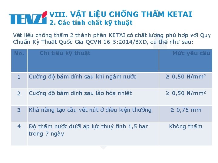 VIII. VẬT LiỆU CHỐNG THẤM KETAI 2. Các tính chất kỹ thuật Vật liệu