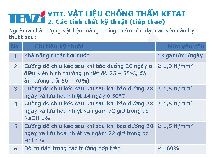 VIII. VẬT LiỆU CHỐNG THẤM KETAI 2. Các tính chất kỹ thuật (tiếp theo)