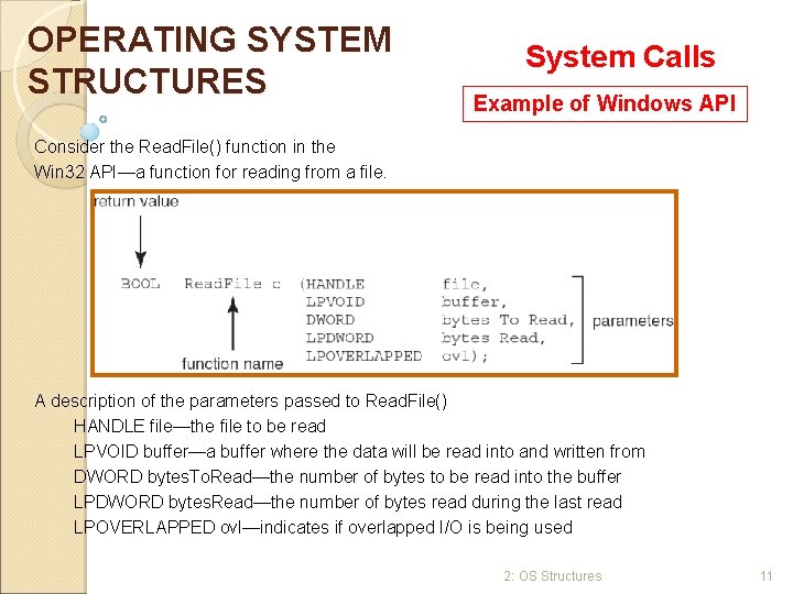 OPERATING SYSTEM STRUCTURES System Calls Example of Windows API Consider the Read. File() function