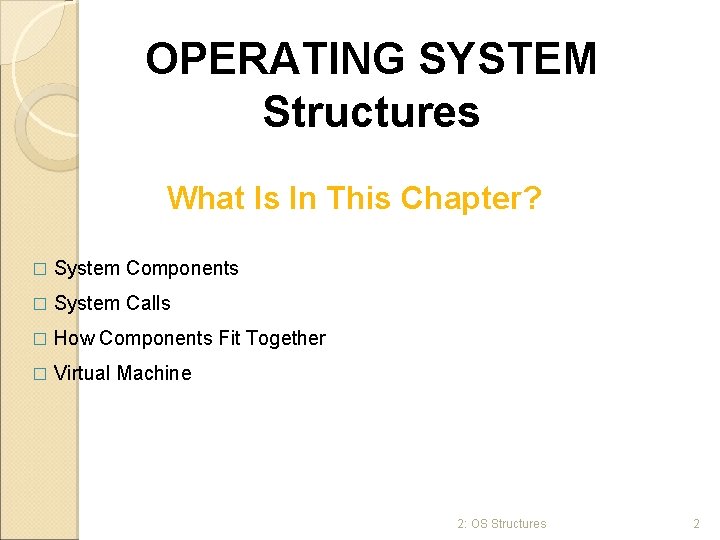 OPERATING SYSTEM Structures What Is In This Chapter? � System Components � System Calls