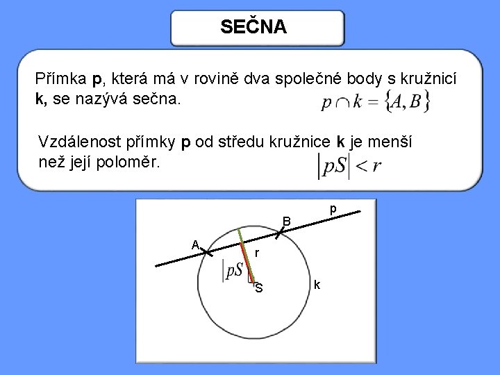SEČNA Přímka p, která má v rovině dva společné body s kružnicí k, se