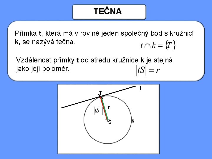 TEČNA Přímka t, která má v rovině jeden společný bod s kružnicí k, se