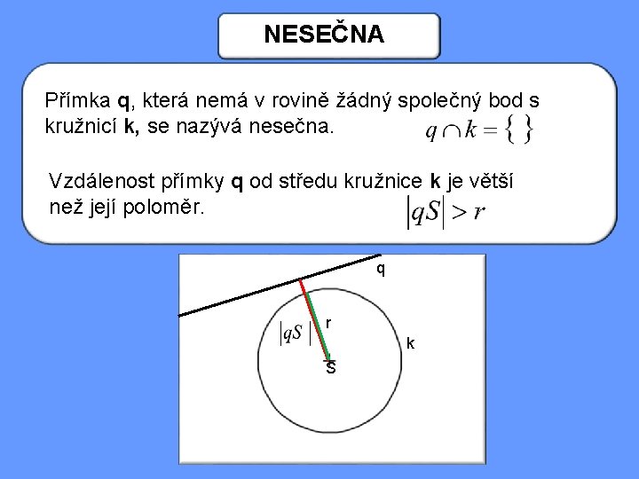 NESEČNA Přímka q, která nemá v rovině žádný společný bod s kružnicí k, se