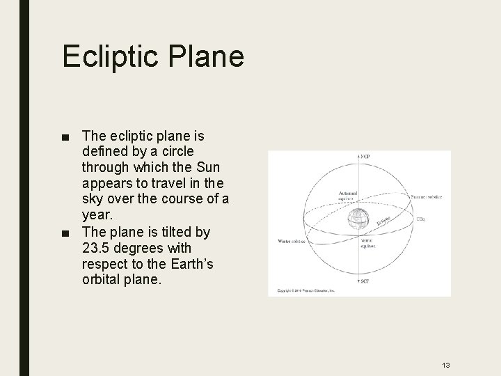 Ecliptic Plane ■ The ecliptic plane is defined by a circle through which the