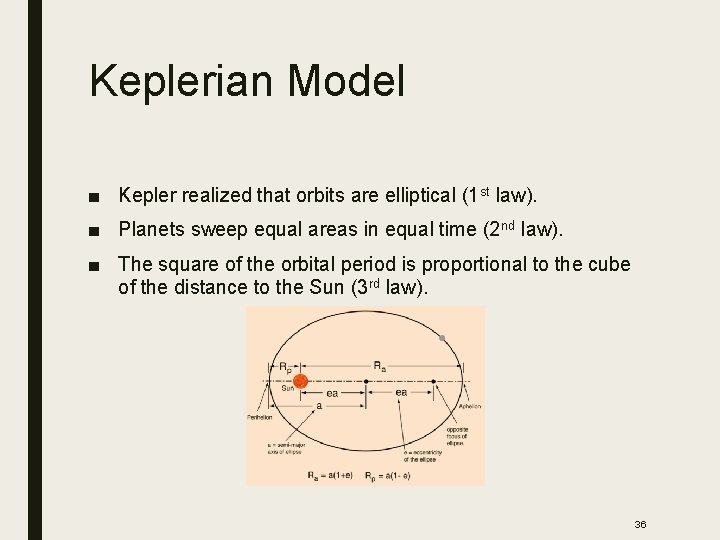 Keplerian Model ■ Kepler realized that orbits are elliptical (1 st law). ■ Planets
