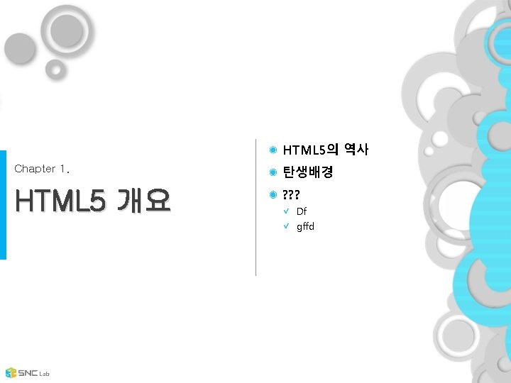 HTML 5의 역사 Chapter 1. 탄생배경 HTML 5 개요 ? ? ? Df gffd