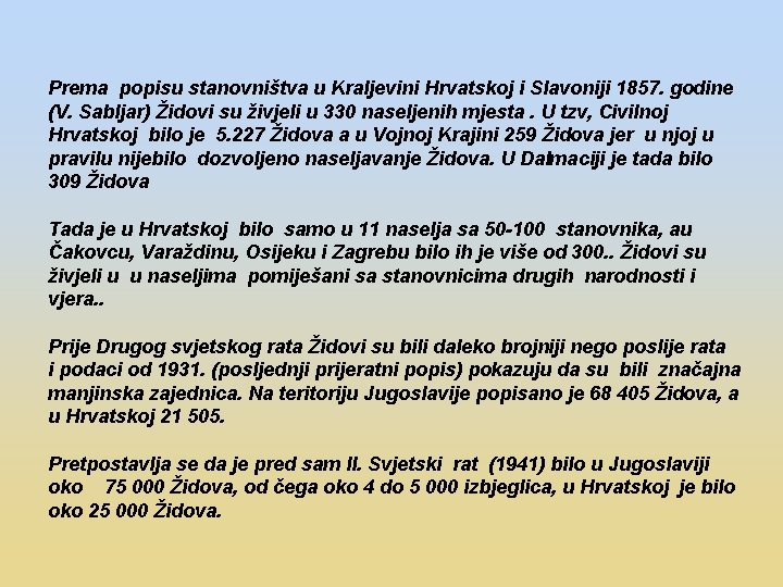 Prema popisu stanovništva u Kraljevini Hrvatskoj i Slavoniji 1857. godine (V. Sabljar) Židovi su