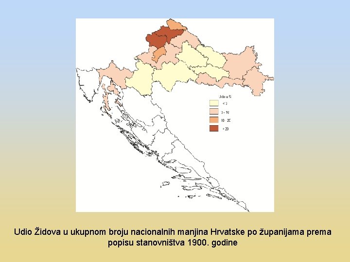 Udio Židova u ukupnom broju nacionalnih manjina Hrvatske po županijama prema popisu stanovništva 1900.