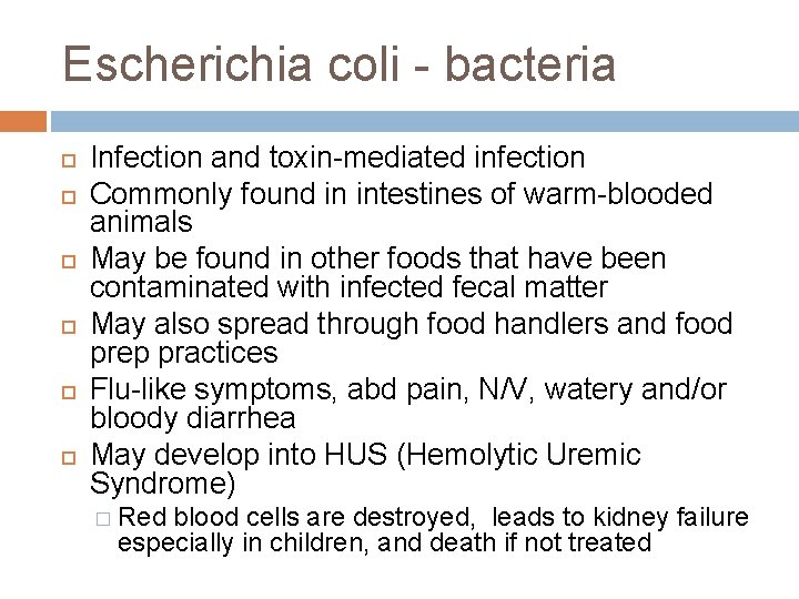 Escherichia coli - bacteria Infection and toxin-mediated infection Commonly found in intestines of warm-blooded Escherichia coli - bacteria Infection and toxin-mediated infection Commonly found in intestines of warm-blooded