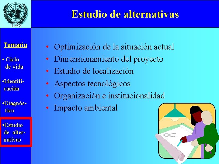 Estudio de alternativas ILPES Temario • Ciclo de vida • Identificación • Diagnóstico •