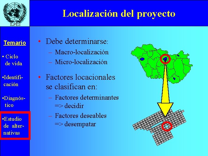 Localización del proyecto ILPES • Identificación • Diagnóstico • Estudio de alternativas – Macro-localización