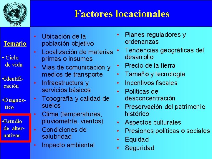 Factores locacionales ILPES Temario • Ciclo de vida • Identificación • Diagnóstico • Estudio