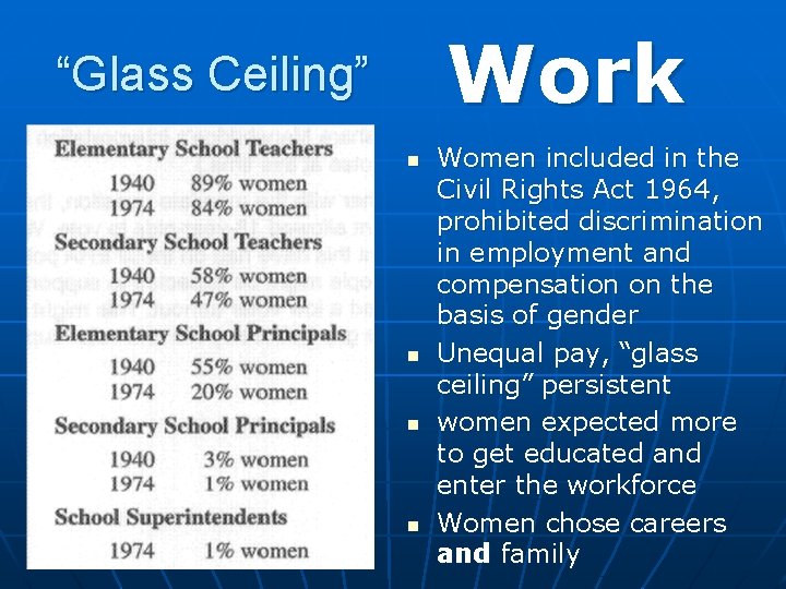 Work “Glass Ceiling” n n Women included in the Civil Rights Act 1964, prohibited