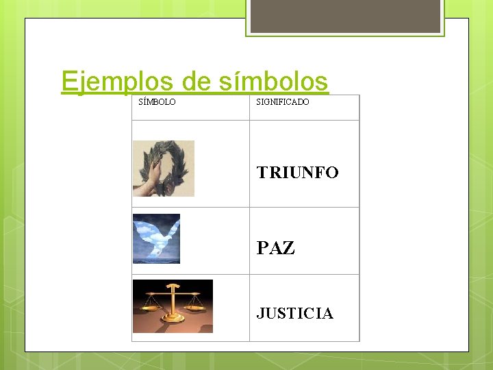 Ejemplos de símbolos SÍMBOLO SIGNIFICADO TRIUNFO PAZ JUSTICIA 