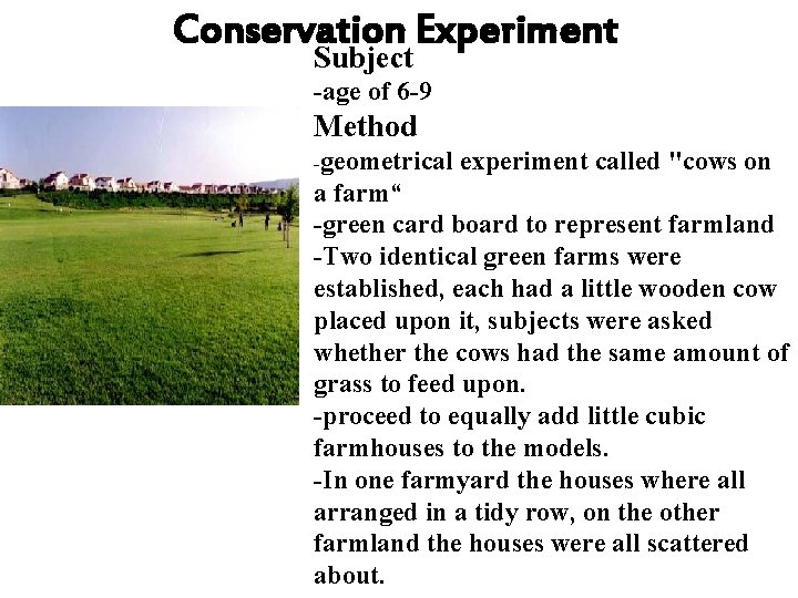 Conservation Experiment Subject -age of 6 -9 Method -geometrical experiment called "cows on a