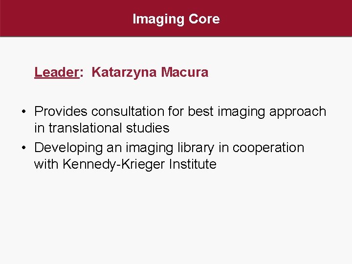 Imaging Core Leader: Katarzyna Macura • Provides consultation for best imaging approach in translational
