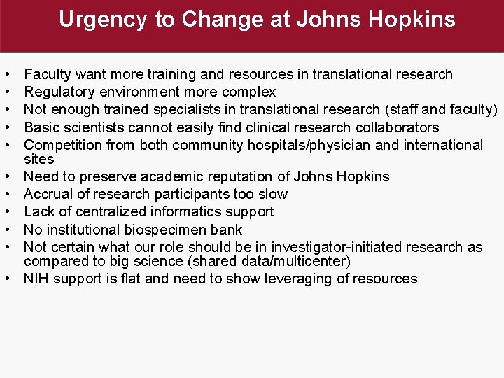 Urgency to Change at Johns Hopkins • • • Faculty want more training and