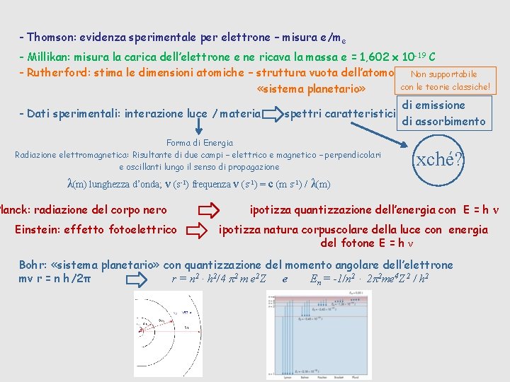 - Thomson: evidenza sperimentale per elettrone – misura e/m e - Millikan: misura la