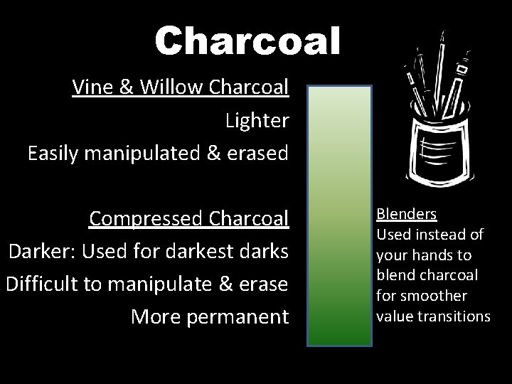 Charcoal Vine & Willow Charcoal Lighter Easily manipulated & erased Compressed Charcoal Darker: Used