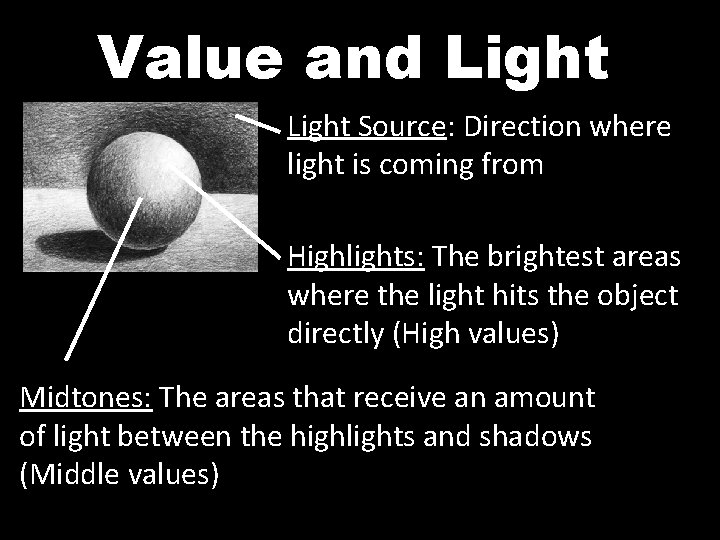 Value and Light Source: Direction where light is coming from Highlights: The brightest areas