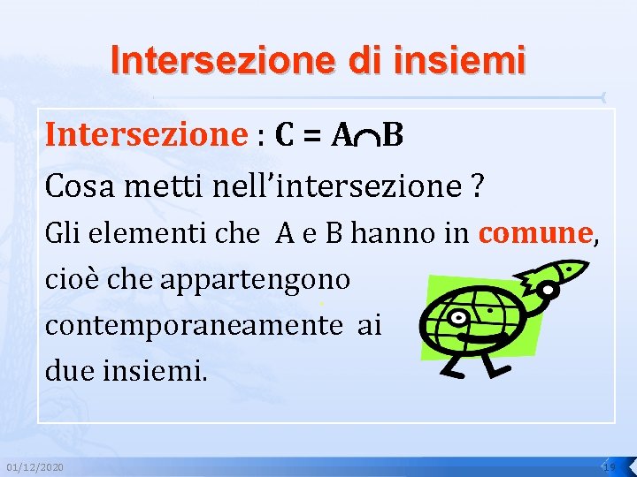 Intersezione di insiemi Intersezione : C = AÇB Cosa metti nell’intersezione ? Gli elementi