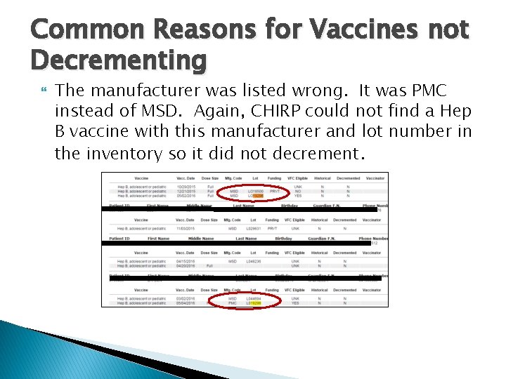 Common Reasons for Vaccines not Decrementing The manufacturer was listed wrong. It was PMC