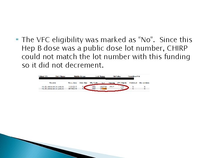  The VFC eligibility was marked as “No”. Since this Hep B dose was