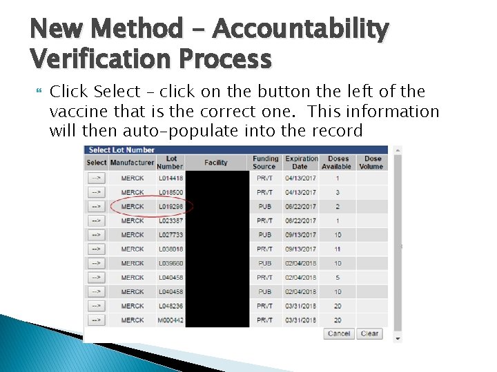 New Method – Accountability Verification Process Click Select – click on the button the